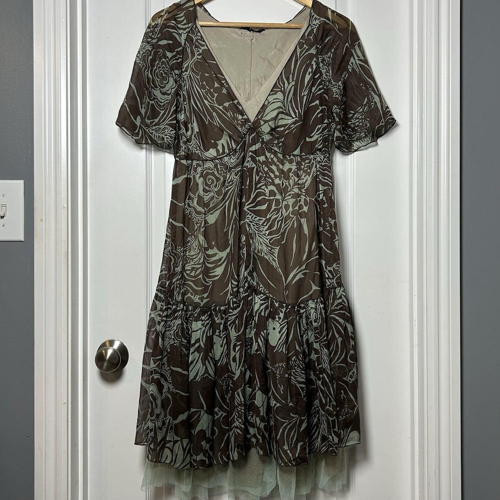 Rozae Nichols Vintage Y2K 100% Silk Floral Print Chiffon Tulle Hem Midi Dress